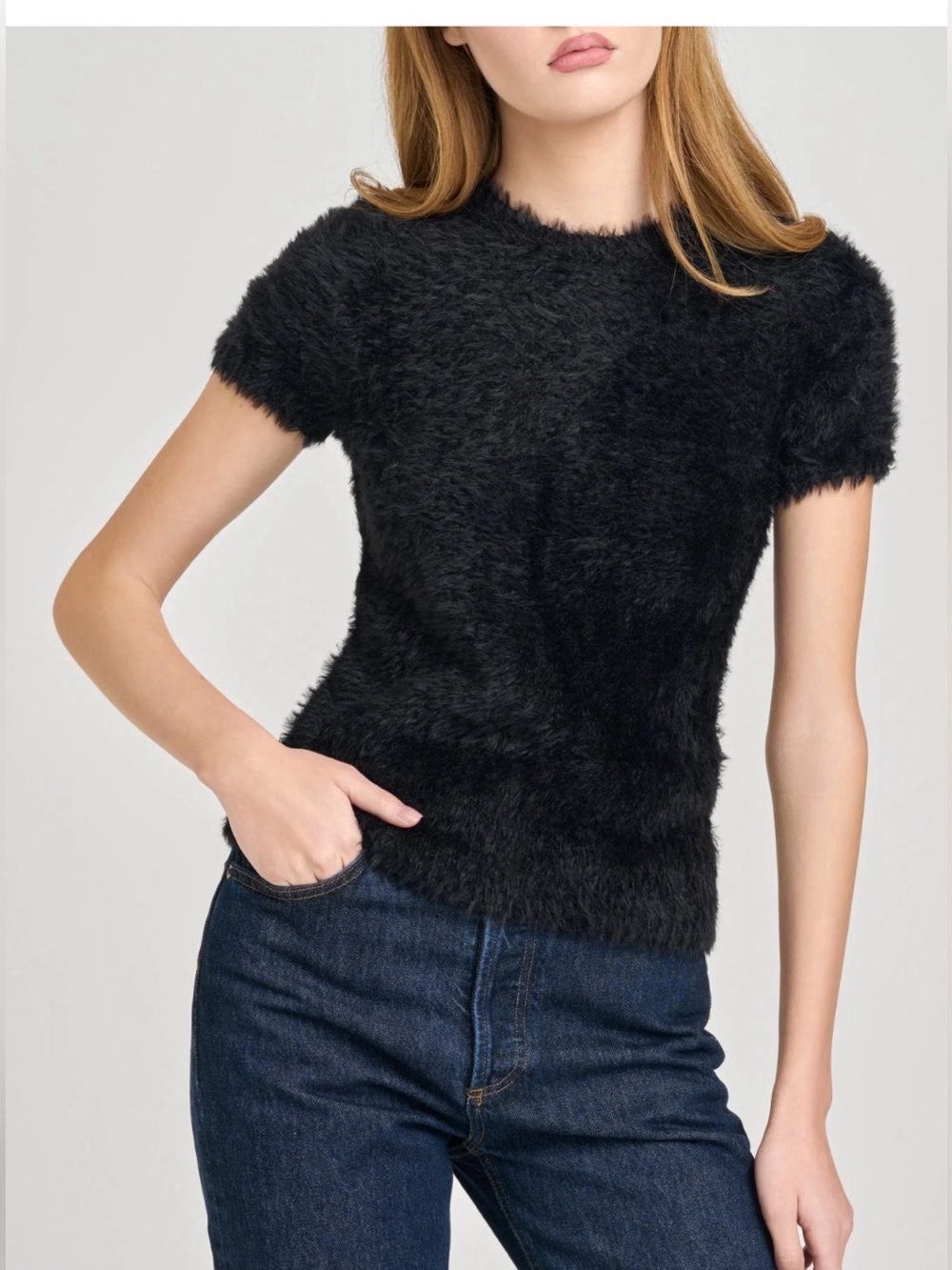 On Twelfth Black Fuzzy Short Sleeve Sweater Top Size S Never Worn
